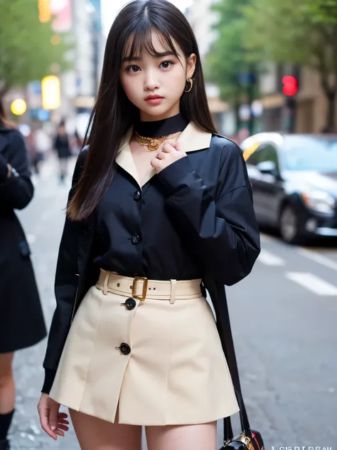 (Best quality, Masterpiece, Ultra High Resolution, (Photorealistic:1.4), Raw Photo, depth of field, professional lighting), at street, 1girl, 15-years-old, the most famous Japanese idol, (wearing most fashionable outfits in the world, (Burberry coat), (Pra...