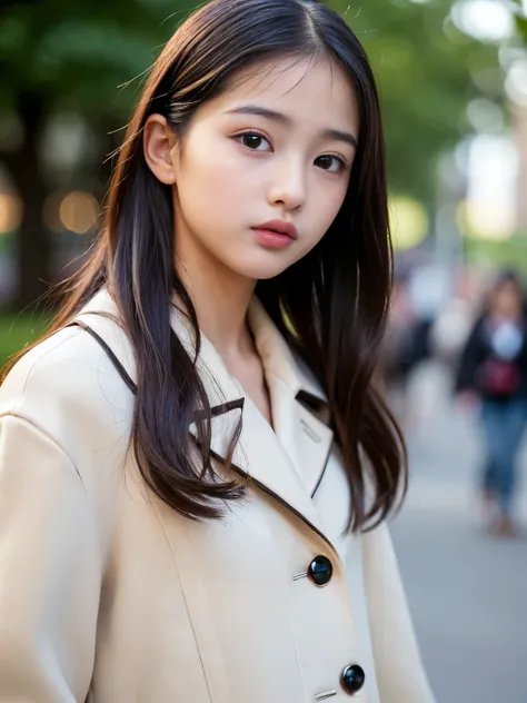 (Best quality, Masterpiece, Ultra High Resolution, (Photorealistic:1.4), Raw Photo, depth of field, professional lighting), at street, 1girl, ((15-years-old)), the most famous Japanese idol, (wearing most adorable outfits in the world, (Burberry coat), (Pr...