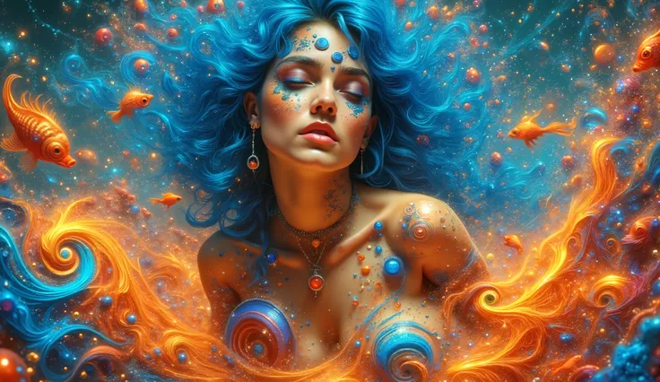 a young woman with striking, vibrant blue hair styled in soft curls. Her face is adorned with colorful, intricate patterns that swirl around her, echoing the vivid hues in the background. The backdrop is a dynamic mix of swirling colors, including shades o...