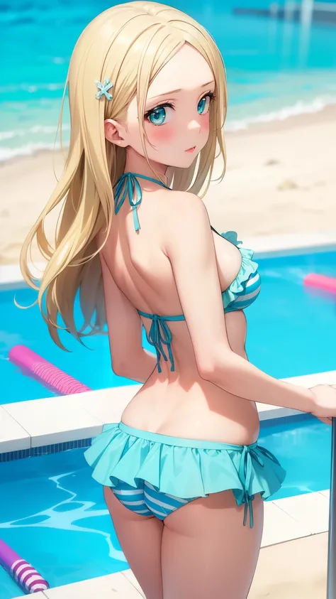 masterpiece, best quality, highly detailed, ultra high res, ayase arisa, 1girl, solo, hair ornament, long blonde hair, glossy lips, medium breasts, aqua eyes, blush, beach, frilly striped bikini, looking back at viewer, pool, (microskirt:0.8)