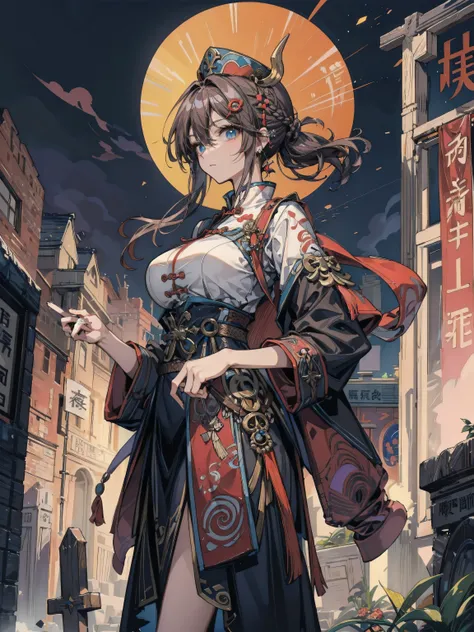 cowboy shot, looking at viewer, earring, (very huge round breasts), medium hair, half updo, hair ornament, black hair, cemetery, dress, braid, chinese clothes, headwear, ofuda, jiangshi, qing guanmao, outdoor,