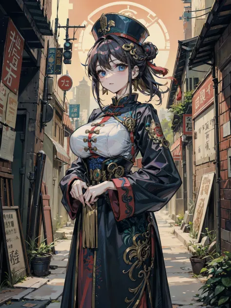 cowboy shot, looking at viewer, earring, (very huge round breasts), medium hair, half updo, hair ornament, black hair, cemetery, dress, braid, chinese clothes, headwear, ofuda, jiangshi, qing guanmao, outdoor,