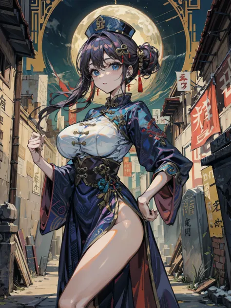 cowboy shot, looking at viewer, earring, (very huge round breasts), medium hair, half updo, hair ornament, black hair, cemetery, dress, braid, chinese clothes, headwear, ofuda, jiangshi, qing guanmao, outdoor,