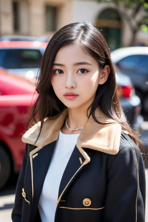 (Best quality, Masterpiece, Ultra High Resolution, (Photorealistic:1.4), Raw Photo, depth of field, professional lighting), at street, 1girl, ((15-years-old)), the most famous Japanese idol, (wearing most adorable outfits in the world, (Burberry coat), (Pr...