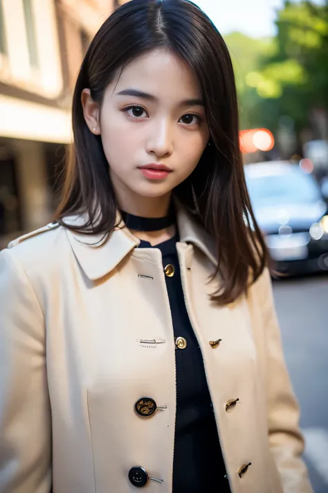 (Best quality, Masterpiece, Ultra High Resolution, (Photorealistic:1.4), Raw Photo, depth of field, professional lighting), at street, 1girl, ((15-years-old)), the most famous Japanese idol, (wearing most adorable outfits in the world, (Burberry coat), (Pr...