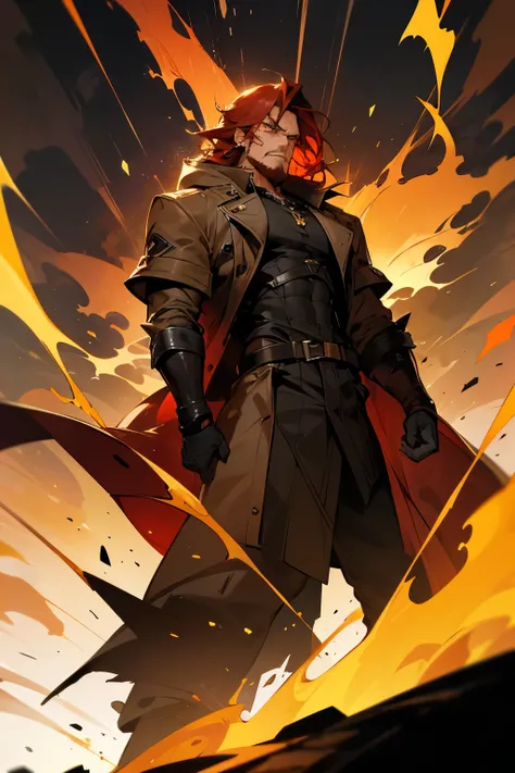 A strong and robust man with well-defined muscles and an imposing presence. His skin has a reddish hue, as if always warm to the touch. His bright amber eyes glow faintly, especially when he is angry or deeply moved. He has short, fiery red hair and a well...