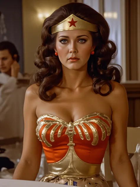Lynda Carter as Wonder Woman, wearing gold eye mask sitting at a table in a restaurant.