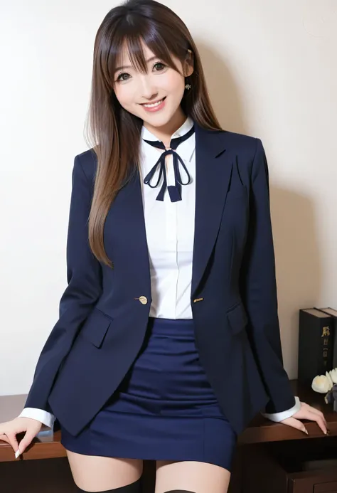  score_8up  ,  score_9, A beautiful femaleの子 who is a relative, 従順なfemale性,  happy expression , (( white tight shirt、  navy blue blazer ,  miniskirt,  Black Stockings,  pin heels)), Orthodox clothing,  announcer、 adorable by design， smile， Slim face,  has ...