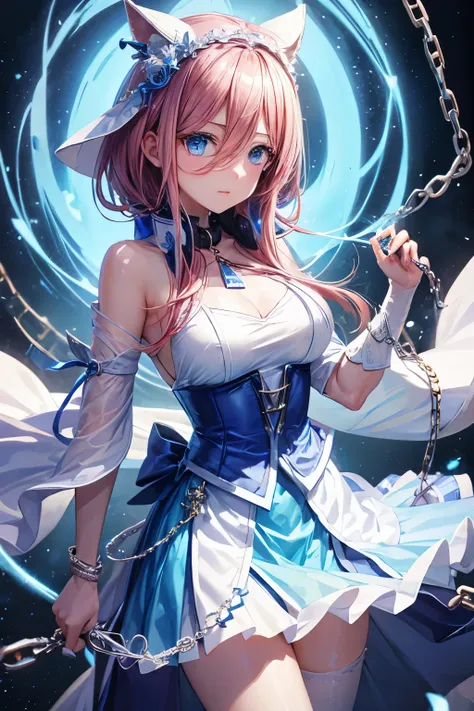  Magic Girl、Blue and white outfit、 exposed chains a lot、
