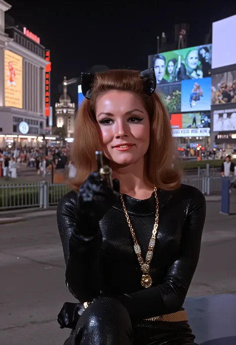 Diana rigg  wearing emma peel catsuit, 1966 picadilly circus.