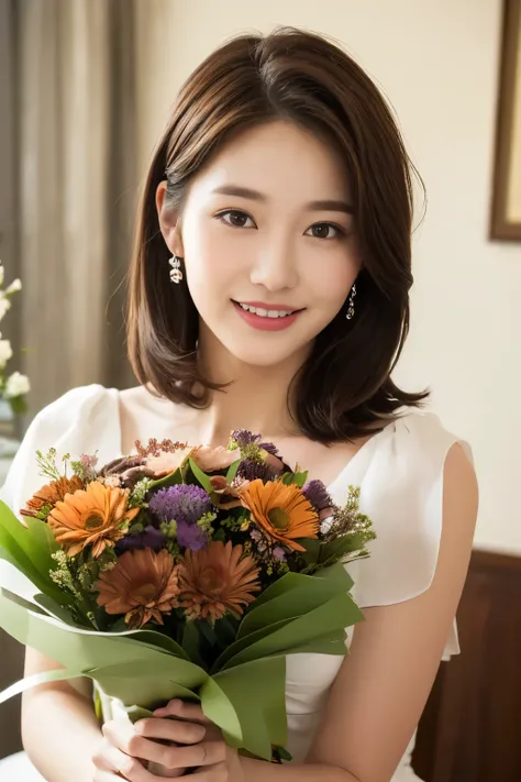 Woman holding a bouquet of flowers, Florist, (( top quality, 8k,  masterpiece: 1.3)),  in the seat,  ( Hairstyle Brown Hair Shortcut, big: 1.2),  dress: 1.1, Super slender face ,  Delicate Eyes,  double eyelids, smile, Home,  RAW Photo