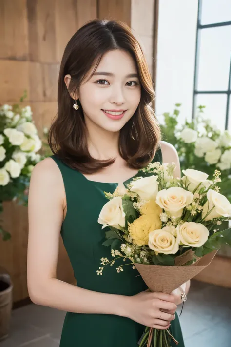 Woman holding a bouquet of flowers, Florist, (( top quality, 8k,  masterpiece: 1.3)),  in the seat,  ( Hairstyle Brown Hair Shortcut, big: 1.2),  dress: 1.1, Super slender face ,  Delicate Eyes,  double eyelids, smile, Home,  RAW Photo