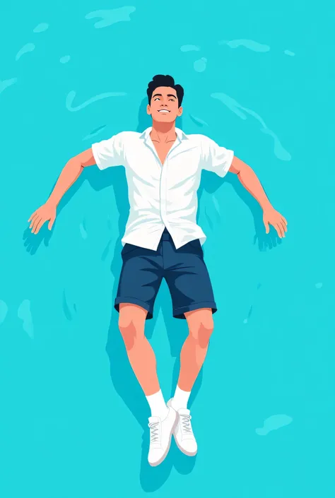 Create a flat, stylized illustration of a young Asian man floating on his back in water. The water is a vibrant, solid shade of blue, with subtle, soft ripples and reflections to suggest movement and depth. The man is seen from a top-down perspective, with...