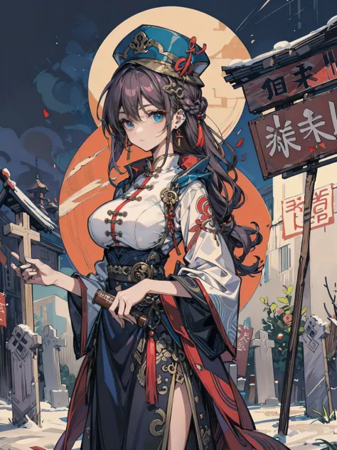 cowboy shot, looking at viewer, earring, (very huge round breasts), medium hair, half updo, hair ornament, black hair, cemetery, dress, braid, chinese clothes, headwear, ofuda, jiangshi, qing guanmao, outdoor,