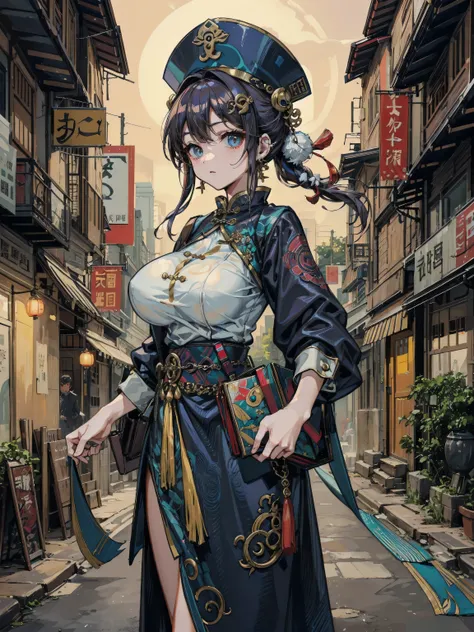 cowboy shot, looking at viewer, earring, (very huge round breasts), medium hair, half updo, hair ornament, black hair, cemetery, dress, braid, chinese clothes, headwear, ofuda, jiangshi, qing guanmao, outdoor,