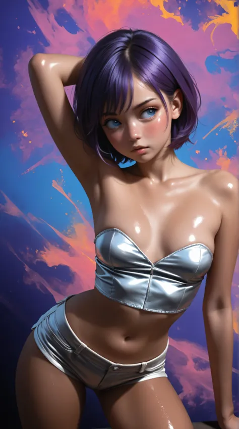 Wildlife, ((Best resolution)), ((high quality:1.2)), Work of art, 8k, extremely detailed, ((High detail:1.2)), Solo, asian girl, (mini-shorts, crop strapless), (beautiful perfect face:1.23), Kizi，(eyes looking off to side), Highly detailed, Amazing work，Vi...