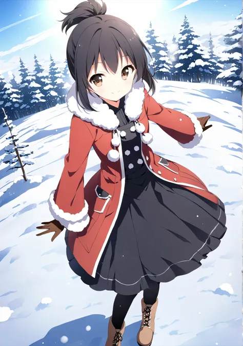 whole body、mid、 black hair、short  ponytail、Age 15、 bright sunlight、 White Breath、Wide plains、 zitome、 one girl、 Snow Scenery 、 black long skirt、 brown gloves、vermilion coat with fur、smile、 black tights、 Mouton Boots 、Drawing to the toes、 looking at the pho...