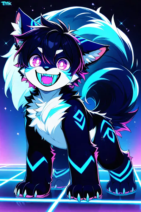 (((Feral))), male, fluffy fur, solo, attractive body, big tail, big paws, claws, ((big fangs)), (((white belly))), (((black fur))), (((blue neon fur markings))), cub, young, colored, crazy smile, floating hearts, chest fluff, fluffy hair, back fluff, leg f...