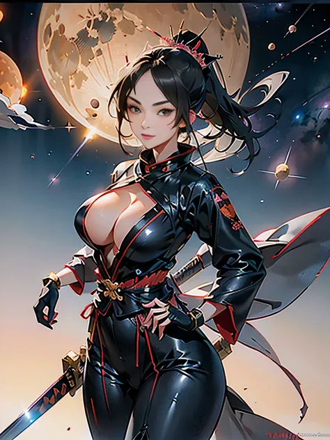 (( Space Samurai Girl ))、Space Wuxia , wearing sexy astrosuit with helmet, group_mf, Ultra-detailed、( top quality、8k、 Hi-Res、 Masterpiece:1.2)、 RAW photos 、Realistic、 angle from below、 2 girls、Young and beautiful female samurai 、Good Sisters 、[ back view]、...