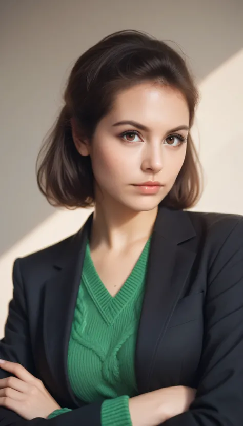 beautiful woman with medium breasts, short dark brown hair, wearing a green sweater under a black blazer, half body portrait, realistic photo, crossed arms