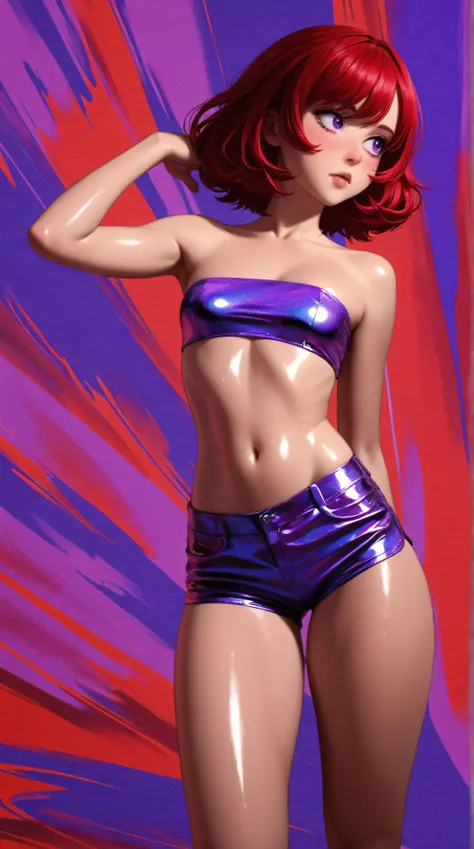 Wildlife, ((Best resolution)), ((high quality:1.2)), Work of art, 8k, extremely detailed, ((High detail:1.2)), Solo, asian girl, (purple metallic mini-shorts, crop strapless), (beautiful perfect face:1.23), Kizi，(eyes looking off to side), Highly detailed,...