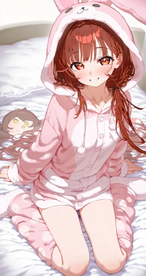 smile, from above, looking at viewer, wariza, oversized hoodie rabbit kigurumi pajamas, sit on bed, petite girl 