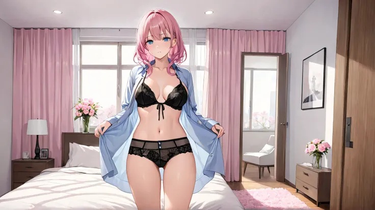 One person　 bedroom with lots of flowers　 black lingerie　unbuttoned shirt　 pink hair　 blue eyes　 looks like an adult　 slightly larger breasts　Bare skin on both legs　 Standing