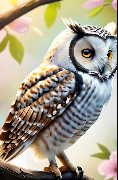 a close up of a bird sitting on a branch with flowers, cute owl, radiant owl, glowing owl, cute detailed digital art, glowing white owl, with a cute fluffy owl, glowing owls, cute digital art, 8k high quality detailed art, traditional art, beautiful art, p...