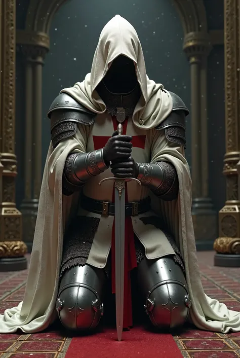 Armored Templar Knight resting on one knee, praying, sword resting on the ground, bottomless