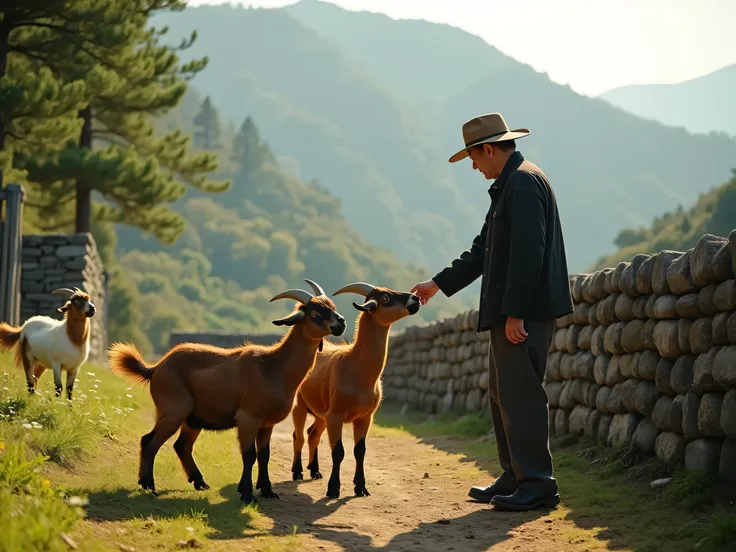 " green ranch scenery in a quiet Korean mountain village .  ,  Native goats greet the owner near the elegant stone wall fence .  A scene where the warm afternoon sun captures the goats' fur and even the owner's uncle's smile, and emphasizes a nostalgic bon...