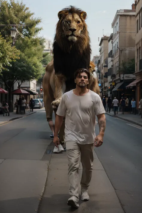  A man walks with a giant lion