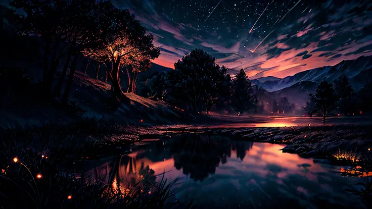  A quiet lake reflecting the moon and stars , tree々 surrounded by dark shadows . tree製のピアが水に伸びている,  A small lantern that shines faintly beyond.  Fireflies dancing around reeds on the shore .  creates a desert scene ,  Magical rural scenery . hyper-detailed...