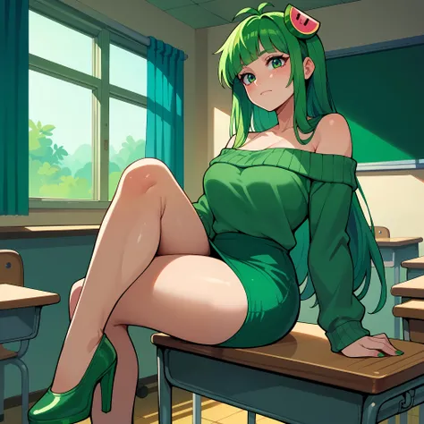 (masterpiece, best quality), 1girl, Vannamelon, indoors, classroom, seated, green eyes, green hair, long hair, green off shoulder sweater, green pencil skirt, red and green heels