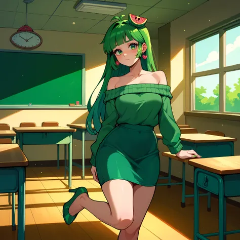(masterpiece, best quality), 1girl, Vannamelon, indoors, classroom, seated, green eyes, green hair, long hair, green off shoulder sweater, green pencil skirt, red and green heels
