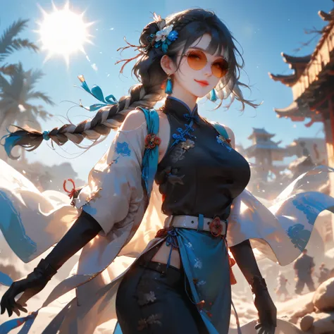 gentle flirtatious smile, posing standing, looking at viewer, , china dress, black pants, belt, white coat, rolled-up sleeves, sleeveles, qipao, white belt, black qipao, black china dress, gloves, black gloves, bare shoulders, snow-white skin, makeup, big ...