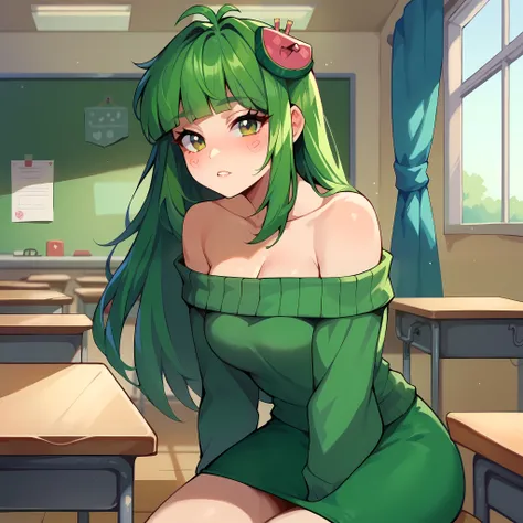 (masterpiece, best quality), 1girl, Vannamelon, indoors, classroom, seated, green eyes, green hair, long hair, green off shoulder sweater, green pencil skirt, red and green platforms