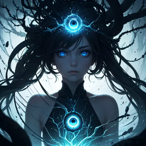 "Create a digital illustration that features a central eye surrounded by an intricate, organic structure resembling roots or tentacles. The eye should be the main focus of the image, with a bright blue iris and a black pupil, emitting a soft light that spr...