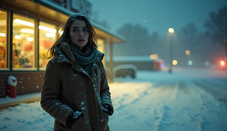 A sudden snowstorm blankets a grocery store parking lot. Thick snowflakes swirl chaotically in the air, illuminated by the warm yellow lights shining from inside the store. A young woman stands frozen near the exit, wearing a coat and scarf, her face showi...