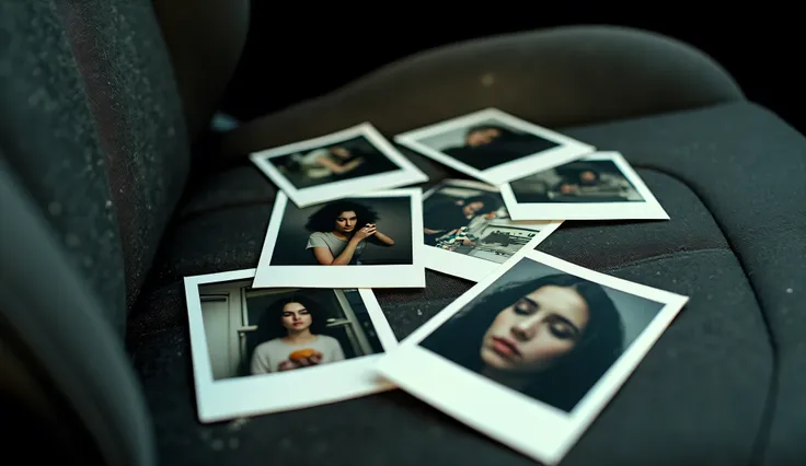 A pile of Polaroid photos scattered on a car seat. Each photo shows a young woman in different moments—stealing from stores, eating food, sleeping in various locations. One photo shows her asleep in a locked office. Handheld camera perspective, grainy text...