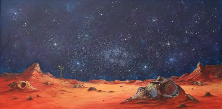 red desert full of skulls with a long black sky at night