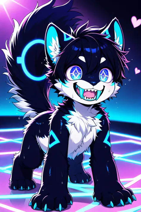 (((Feral))), male, fluffy fur, solo, attractive body, big tail, big paws, claws, ((big fangs)), (((white belly))), (((black fur))), (((blue neon fur markings))), cub, young, colored, crazy smile, floating hearts, chest fluff, fluffy hair, back fluff, leg f...