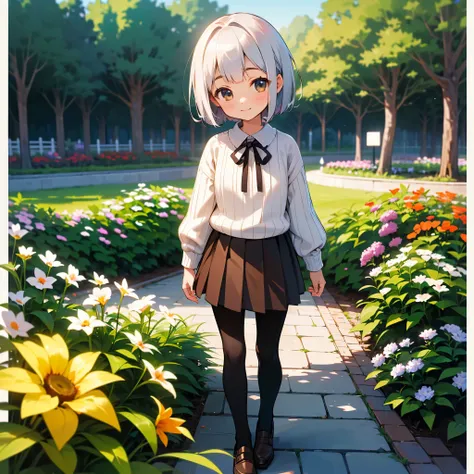 ( high quality,  Hi-Res, Very detailed, reality:1.37), Peaceful atmosphere, (Outdoors, garden),  teenage girl standing alone, Beautiful details,  cute smile, (Black Bob), ribbon,Ribbed sweater, brown skirt ,  black tights, Bbo~.