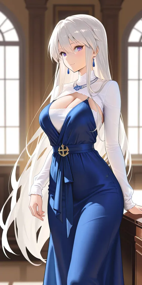 Masterpiece, elegant mature woman, enterprise (azur lane), tall body, casual clothes, blue dress top body,long sleeve shirt,  upper body, home, dynamic lighting, ultra detailed, highres, absurdres, azur lane art style,new design and royal looks, background...