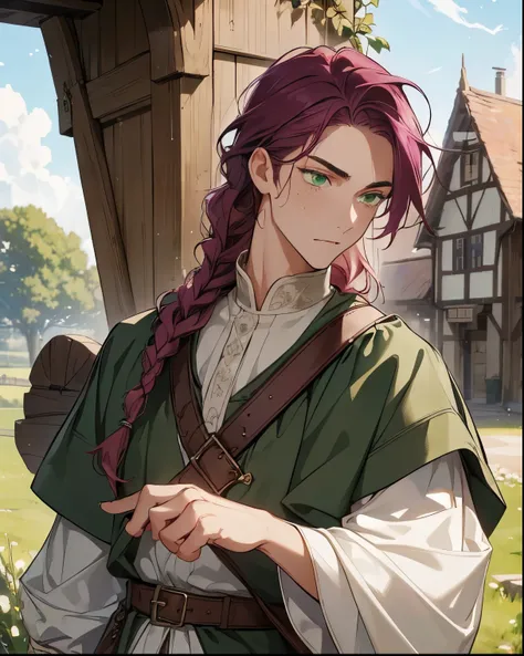 (Masterpiece:1.2, high quality), ultra-detailed,finely detail,photorealistic,solo, magenta long braid hair, green eyes, (sharp eyes), expressive eyes, (perfect eyes), tan skin,relaxed impression,fantasy, 1boy, , medieval merchant, medieval bags, countrysid...