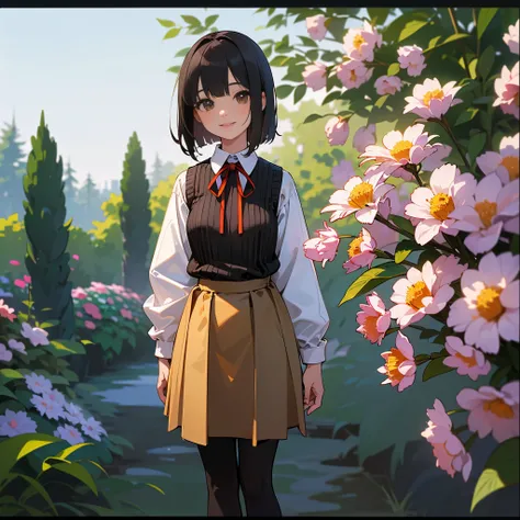 ( high quality,  Hi-Res, Very detailed, reality:1.37), Peaceful atmosphere, (Outdoors, garden),  age girl standing alone, Beautiful details,  cute smile, (Black Bob), ribbon,Ribbed sweater, brown skirt ,  black tights, Bbo~.