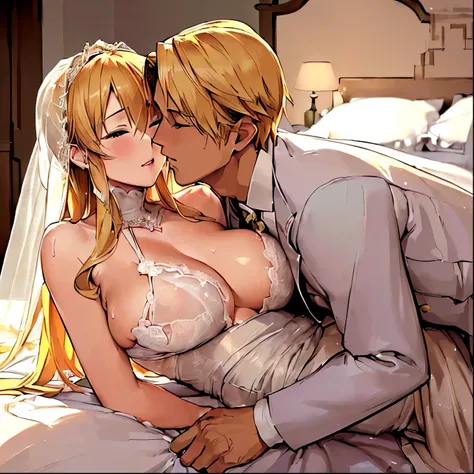 ((highest quality)), ((masterpiece)), (detailed), Perfect Face、（Yuuki Asuna）、(The woman has bright blonde hair)、((The woman hugs the man in her wedding dress and has sex with him on the bed in the bedroom.))、((The man embraces the woman, they make love dee...