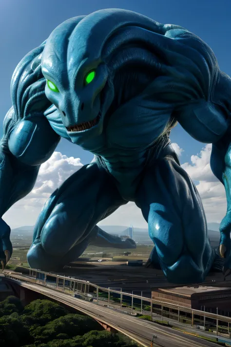 Blue skin, Green eyes, no pupils, no nose, Claws, Alien, tail, Muscular body, macro