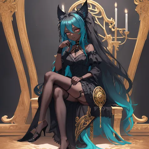 masterpiece, best quality, highly detailed, intricate details, 1girl, 
((sitting pose)), ((full body)), facing front, ((dark skin)), 
((turquoise blue and black gradient long hair)), flowing hair, messy hair, detailed hair, wavy hair,
black cat ears with t...