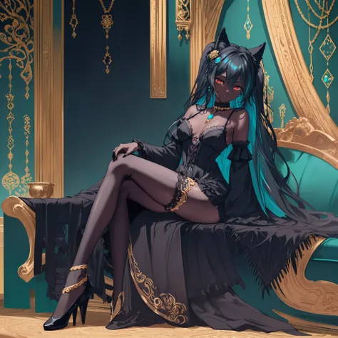 masterpiece, best quality, highly detailed, intricate details, 1girl, 
((sitting pose)), ((full body)), facing front, ((dark skin)), 
((turquoise blue and black gradient long hair)), flowing hair, messy hair, detailed hair, wavy hair,
black cat ears with t...