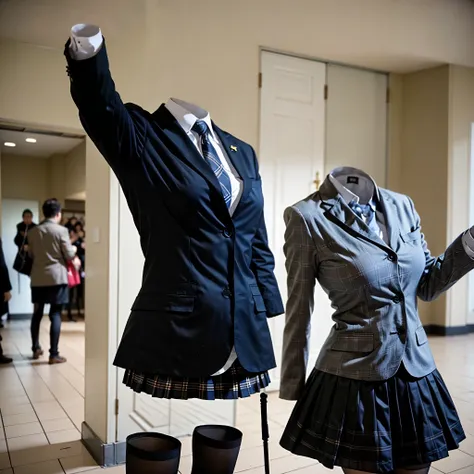 school clothes, stripe tie, plaid skirt, chubby, fat, school blazer, formal, go shopping at clothes store, black stocking, (invisible, no humans, headless, faceless:1.5), cute big breasts